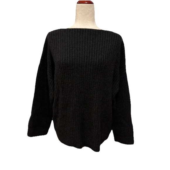 NWT Vince Yak Wool Boatneck Ribbed Sweater Drop Shoulder Black Womens L MSRP$285